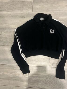 Victoria Secret PINK Cropped Black Polo Sweatshirt with White Stripe Detail